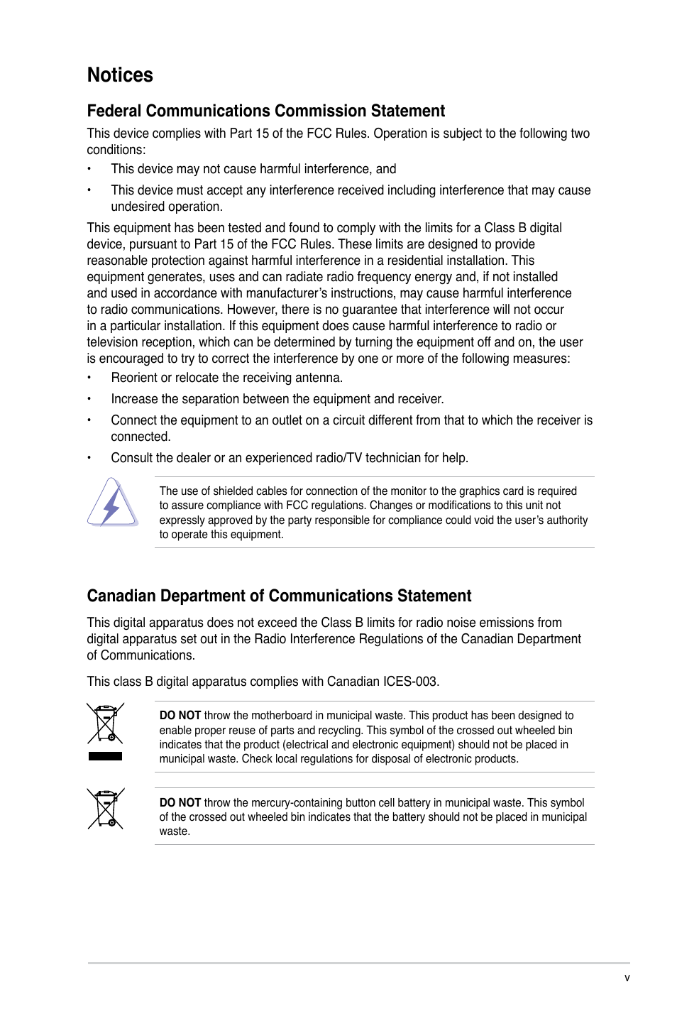 Notices, Federal communications commission statement, Canadian department of communications statement | Asus M2N68-AM SE User Manual | Page 5 / 40