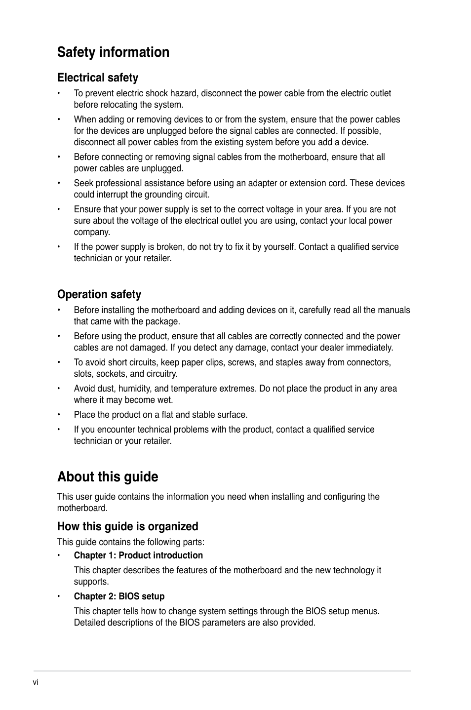 Safety information, About this guide, Electrical safety | Operation safety, How this guide is organized | Asus M2N68-AM SE User Manual | Page 6 / 40