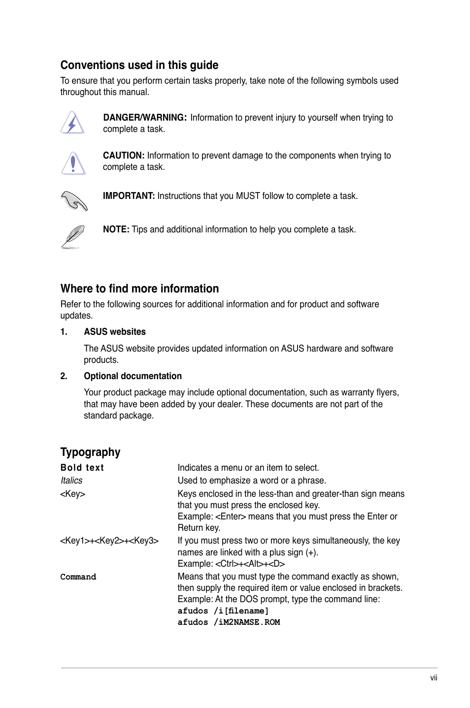 Conventions used in this guide, Where to find more information, Typography | Asus M2N68-AM SE User Manual | Page 7 / 40