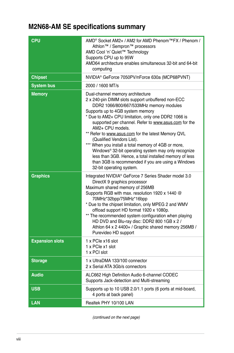 M2n68-am se specifications summary | Asus M2N68-AM SE User Manual | Page 8 / 40