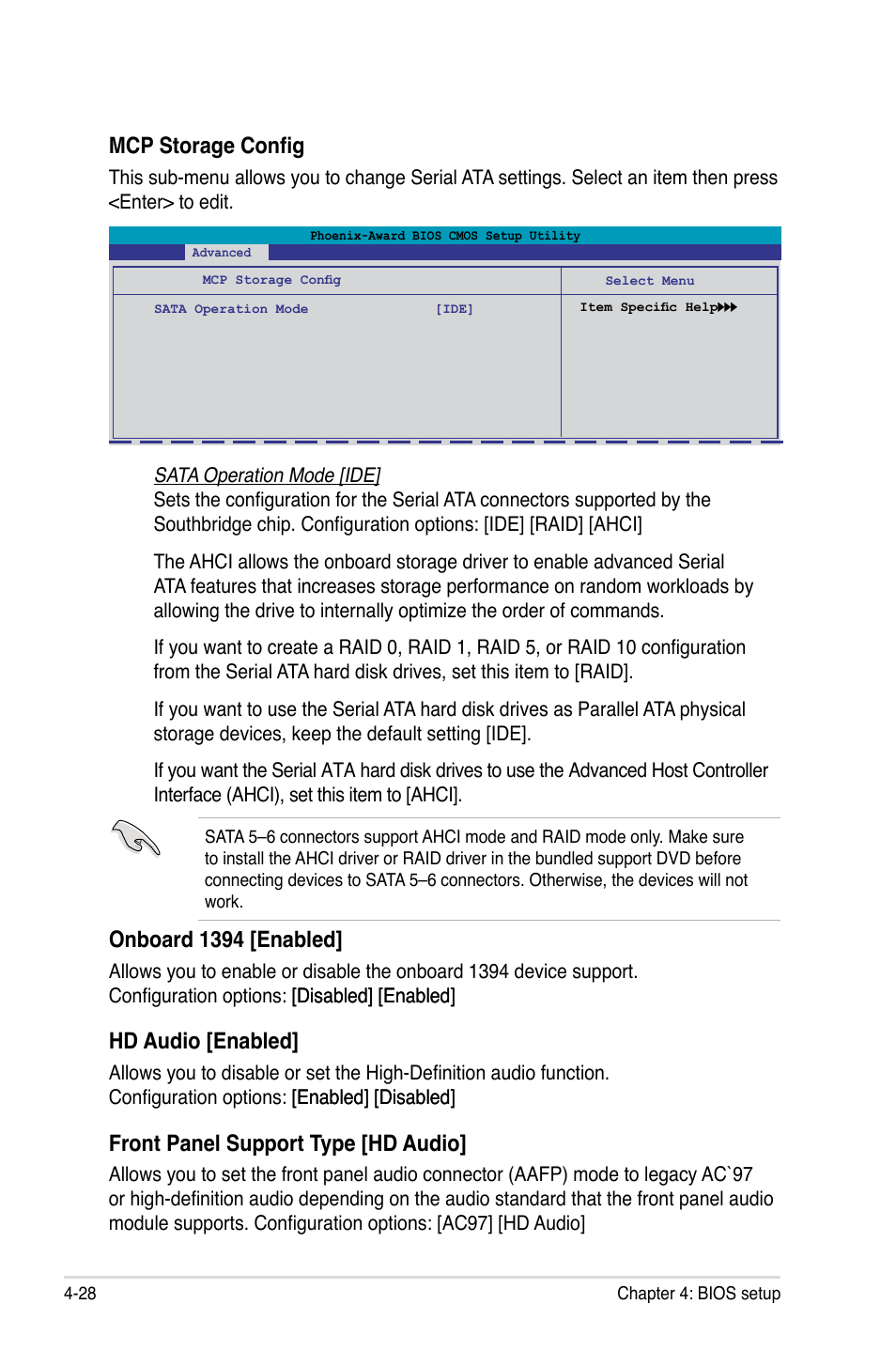 Mcp storage config, Onboard 1394 [enabled, Hd audio [enabled | Front panel support type [hd audio | Asus M3N-HT Deluxe/Mempipe User Manual | Page 100 / 178