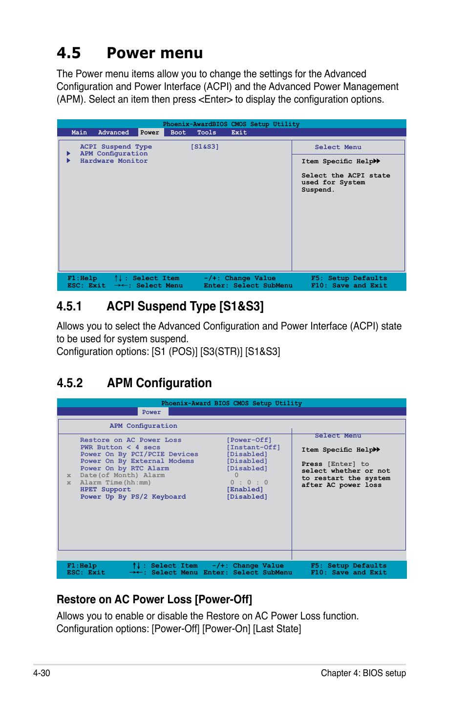 5 power menu, 1 acpi suspend type [s1&s3, 2 apm configuration | Restore on ac power loss [power-off | Asus M3N-HT Deluxe/Mempipe User Manual | Page 102 / 178