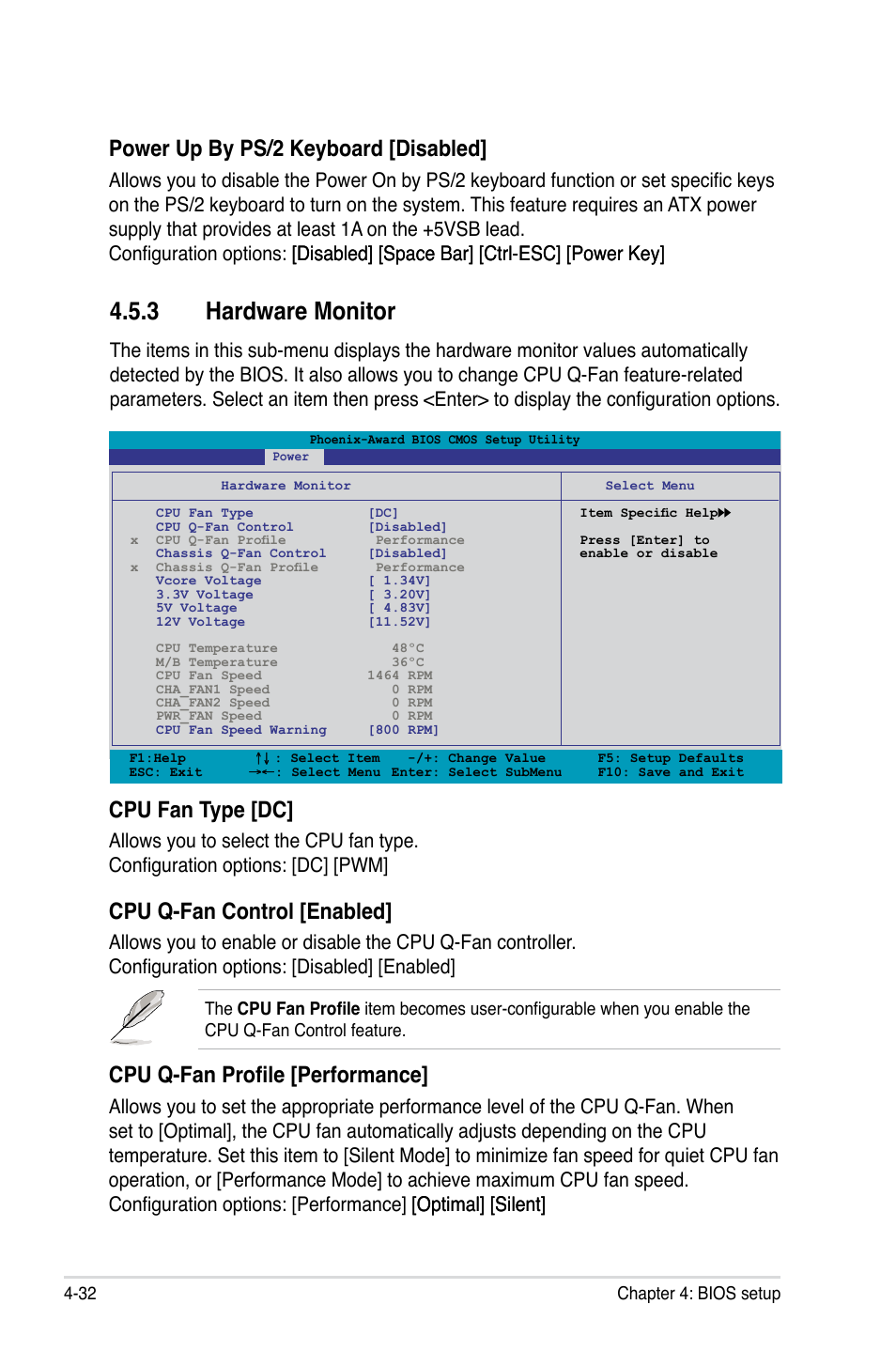 3 hardware monitor, Power up by ps/2 keyboard [disabled, Cpu fan type [dc | Cpu q-fan control [enabled, Cpu q-fan profile [performance | Asus M3N-HT Deluxe/Mempipe User Manual | Page 104 / 178