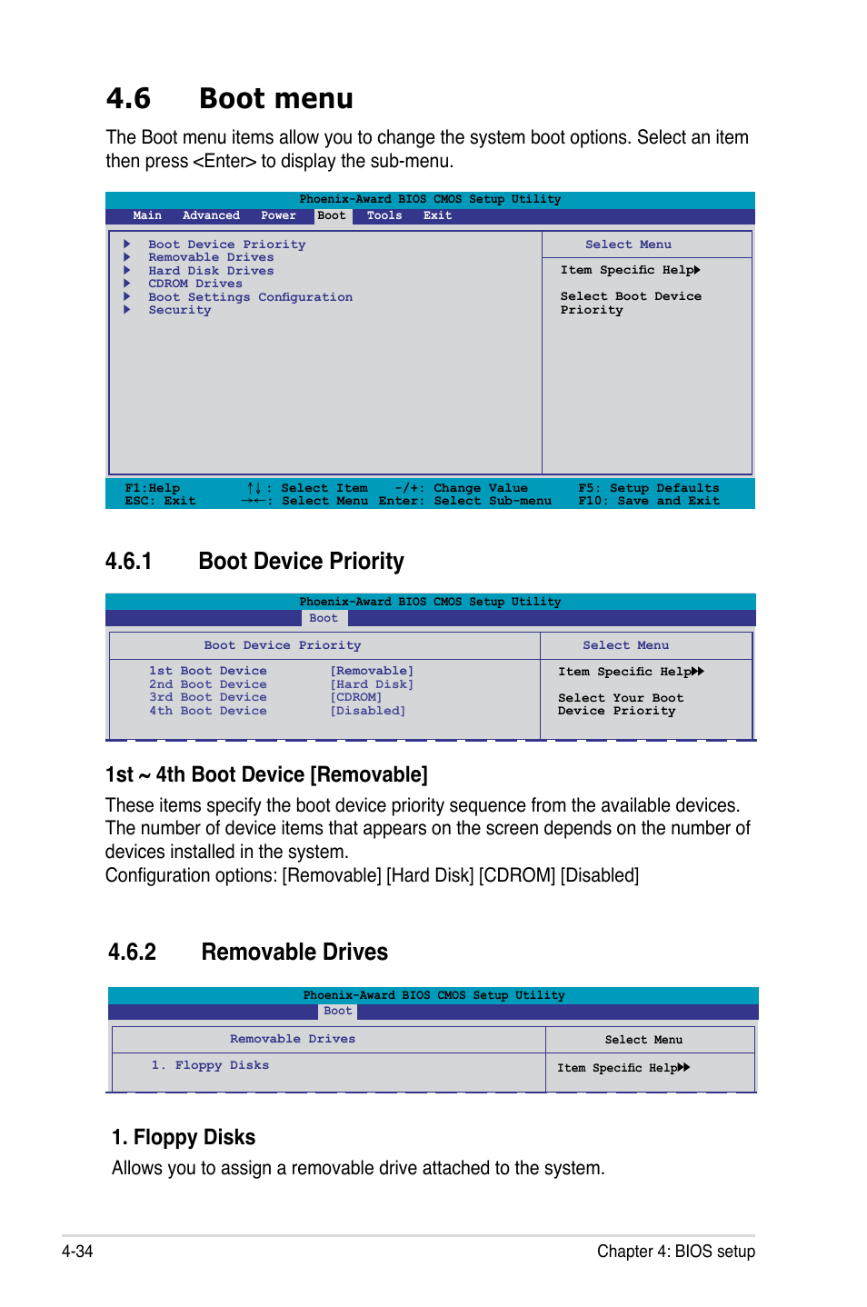 6 boot menu, 1 boot device priority, 2 removable drives | 1st ~ 4th boot device [removable, Floppy disks | Asus M3N-HT Deluxe/Mempipe User Manual | Page 106 / 178