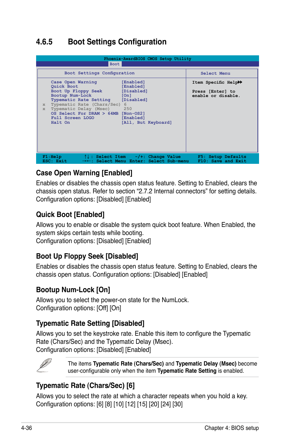 5 boot settings configuration, Case open warning [enabled, Quick boot [enabled | Boot up floppy seek [disabled, Bootup num-lock [on, Typematic rate setting [disabled, Typematic rate (chars/sec) [6 | Asus M3N-HT Deluxe/Mempipe User Manual | Page 108 / 178