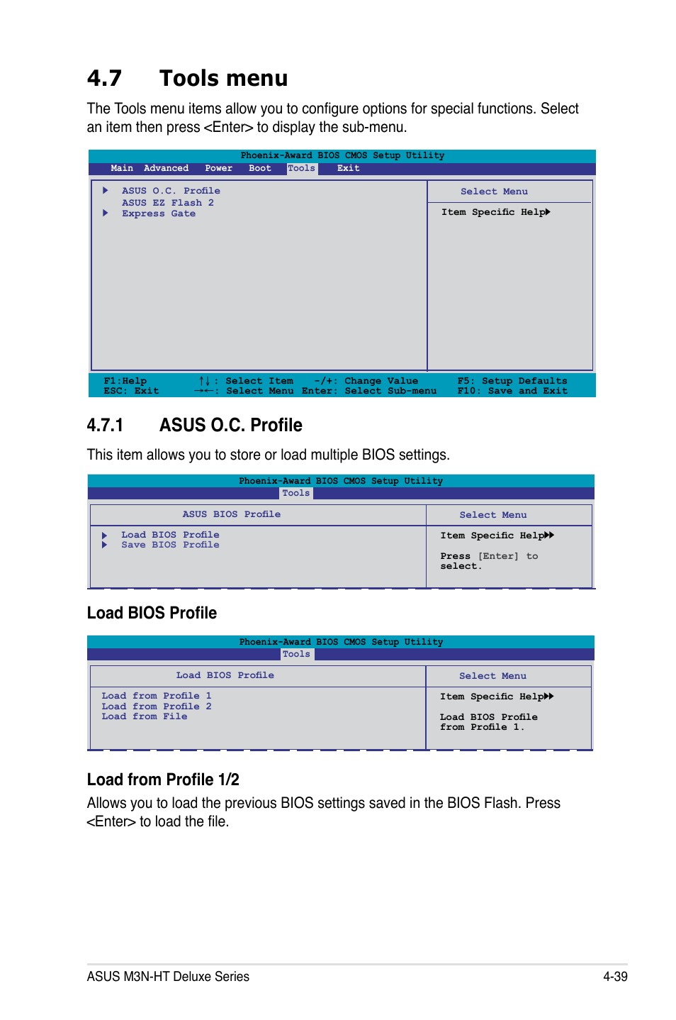 7 tools menu, 1 asus o.c. profile, Load bios profile load from profile 1/2 | Asus M3N-HT Deluxe/Mempipe User Manual | Page 111 / 178