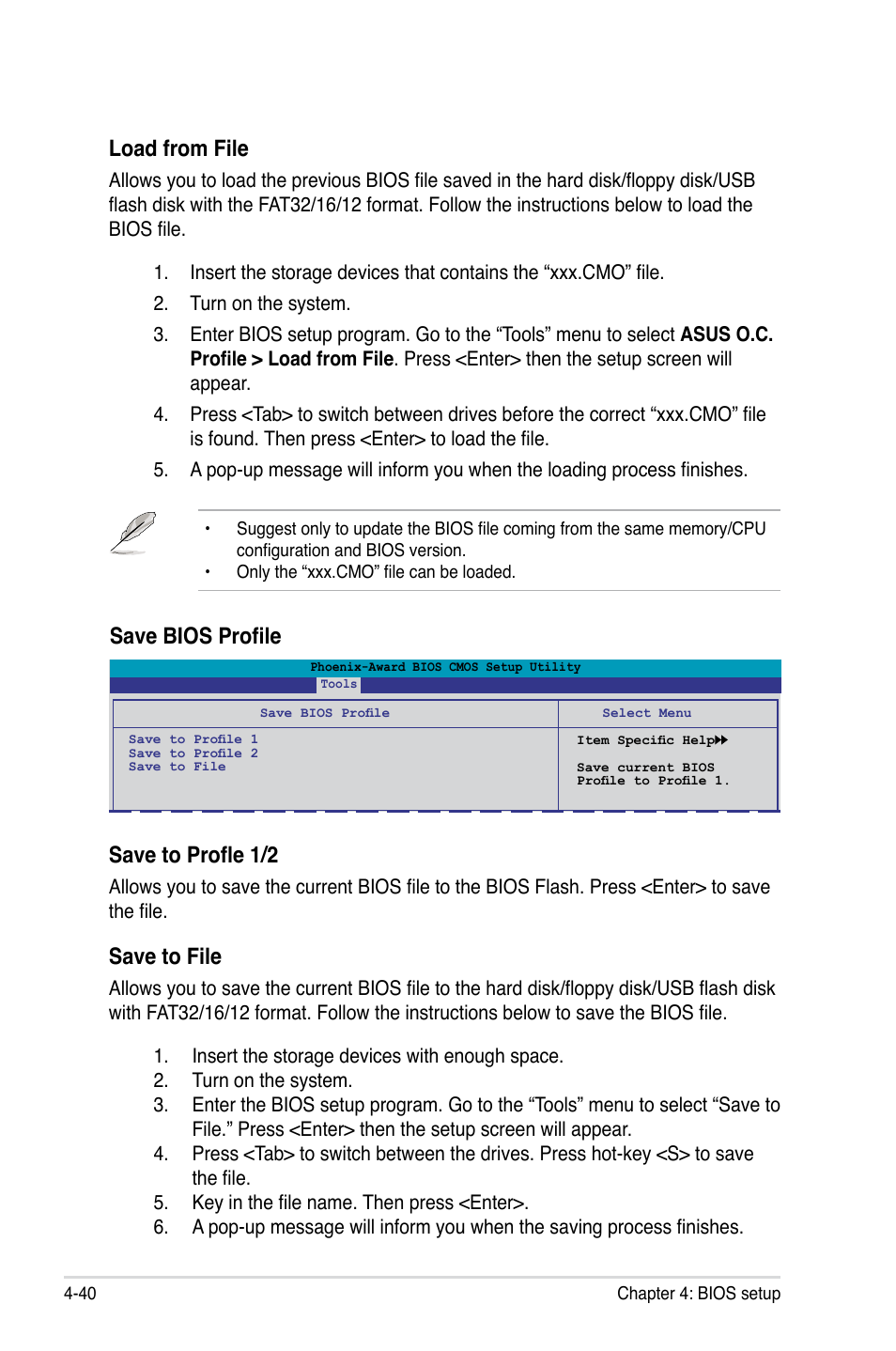 Load from file, Save bios profile save to profle 1/2, Save to file | Asus M3N-HT Deluxe/Mempipe User Manual | Page 112 / 178