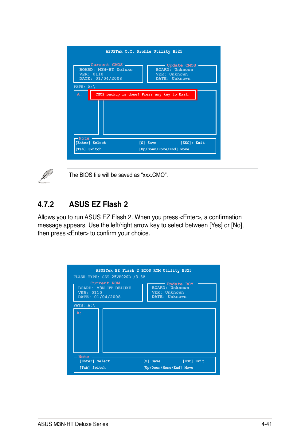 2 asus ez flash 2, Asus m3n-ht deluxe series 4-41, The bios file will be saved as “xxx.cmo | Asus M3N-HT Deluxe/Mempipe User Manual | Page 113 / 178