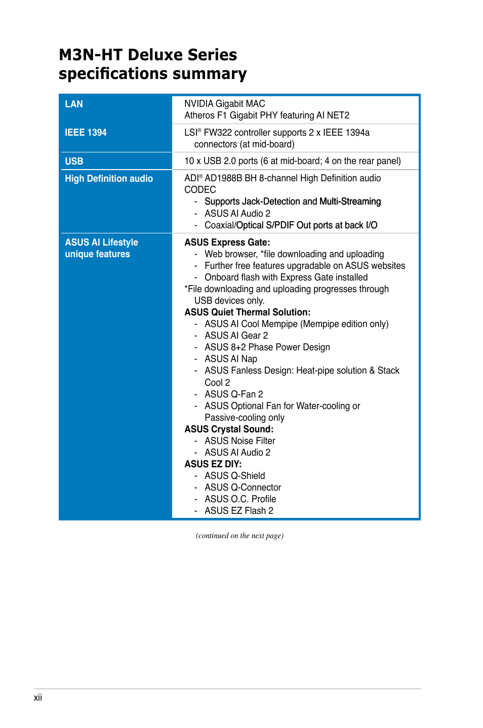 M3n-ht deluxe series specifications summary | Asus M3N-HT Deluxe/Mempipe User Manual | Page 12 / 178