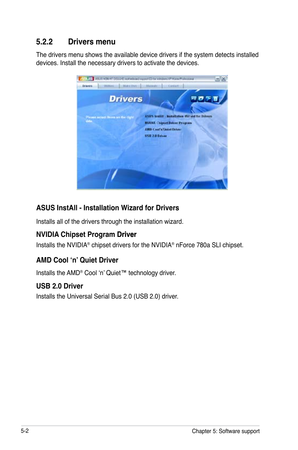 2 drivers menu | Asus M3N-HT Deluxe/Mempipe User Manual | Page 120 / 178
