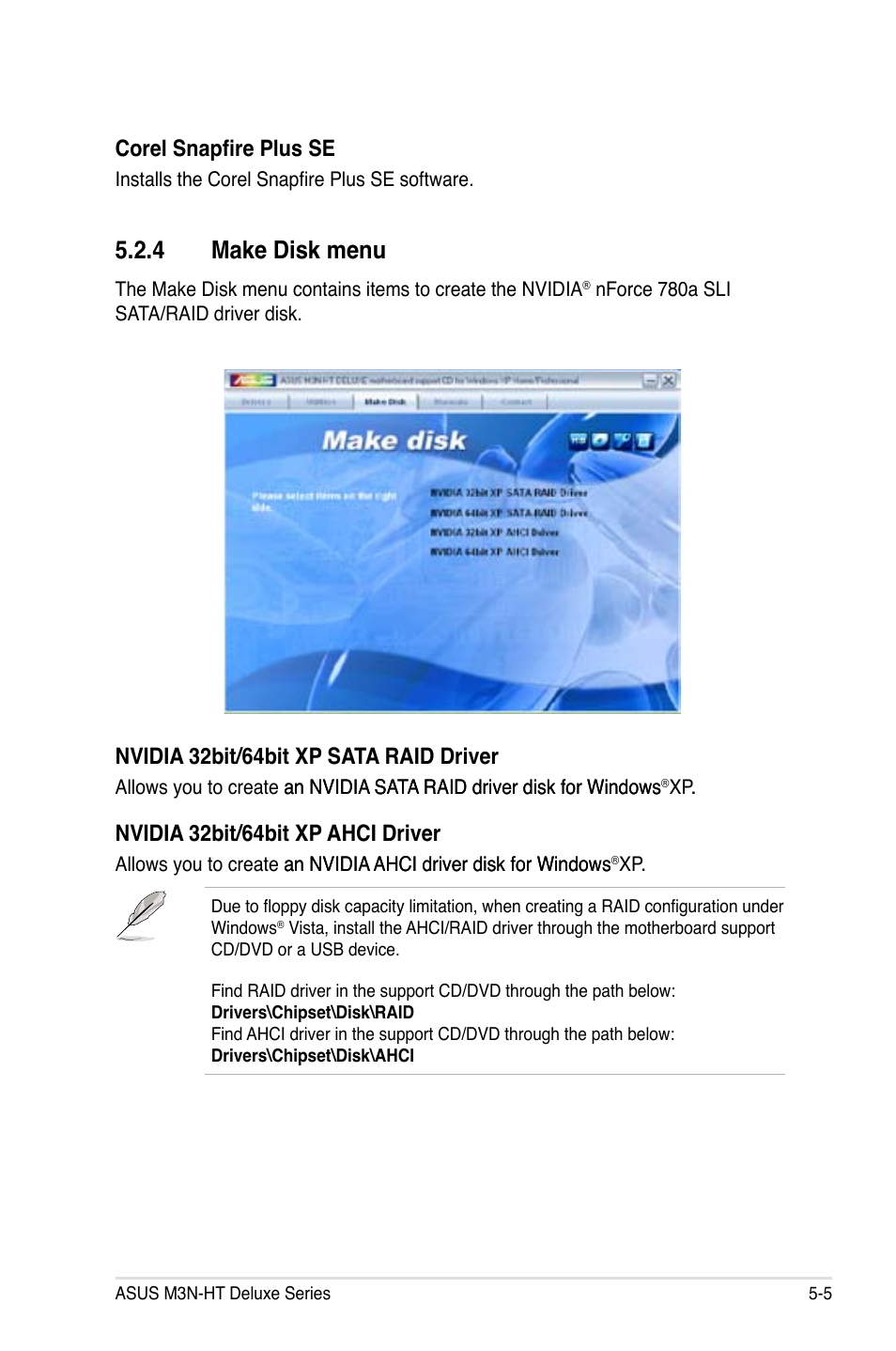 4 make disk menu, Nvidia 32bit/64bit xp sata raid driver, Nvidia 32bit/64bit xp ahci driver | Corel snapfire plus se | Asus M3N-HT Deluxe/Mempipe User Manual | Page 123 / 178