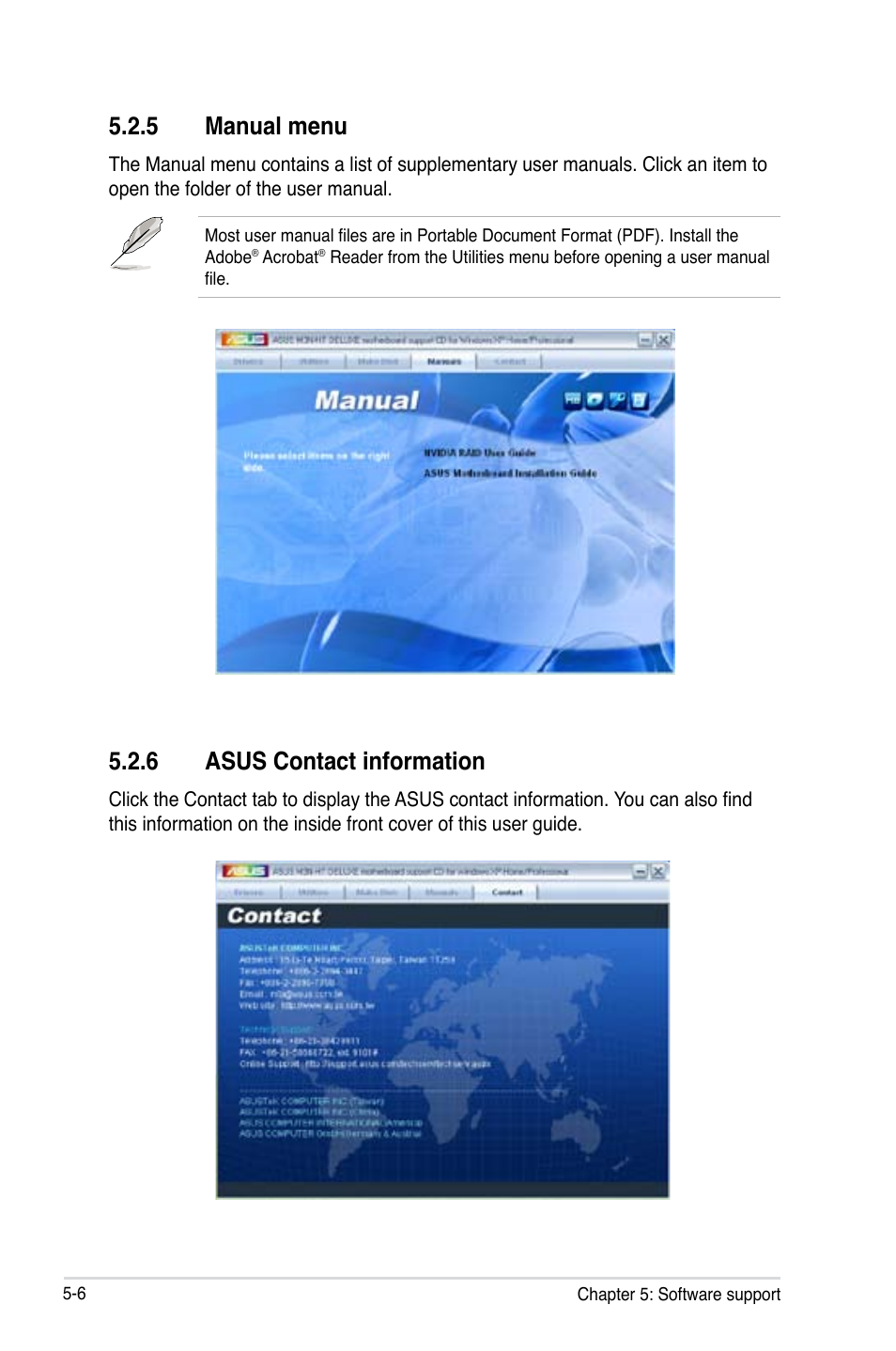 5 manual menu, 6 asus contact information | Asus M3N-HT Deluxe/Mempipe User Manual | Page 124 / 178