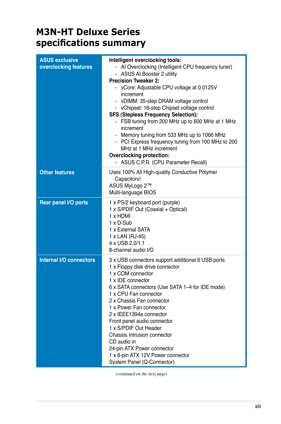 M3n-ht deluxe series specifications summary | Asus M3N-HT Deluxe/Mempipe User Manual | Page 13 / 178