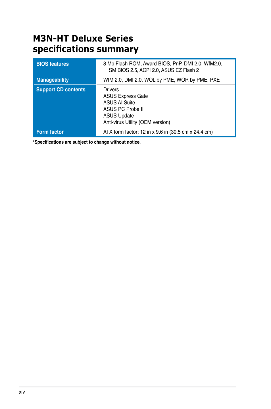 M3n-ht deluxe series specifications summary | Asus M3N-HT Deluxe/Mempipe User Manual | Page 14 / 178