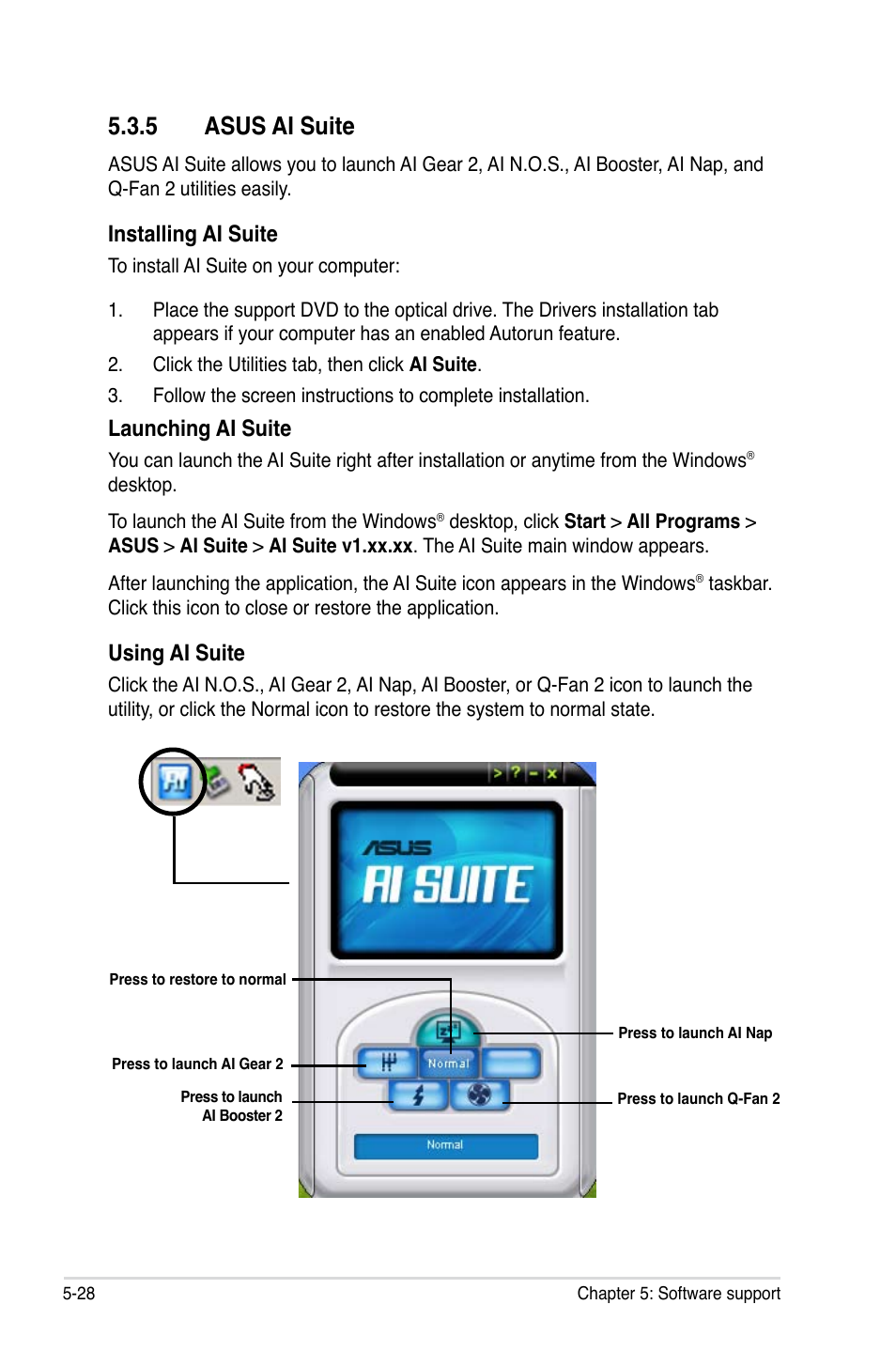 5 asus ai suite, Installing ai suite, Launching ai suite | Using ai suite | Asus M3N-HT Deluxe/Mempipe User Manual | Page 146 / 178