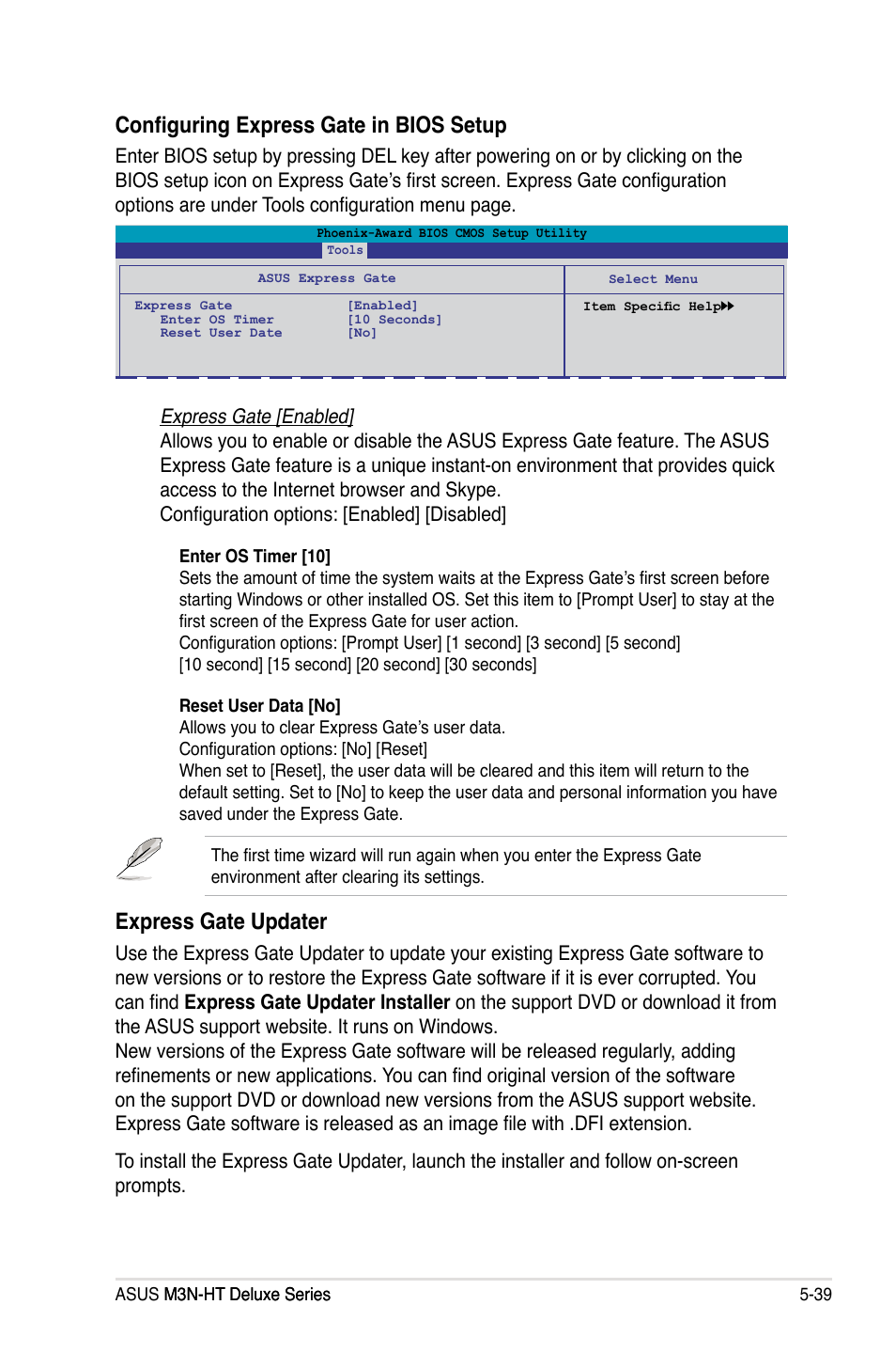 Configuring express gate in bios setup, Express gate updater | Asus M3N-HT Deluxe/Mempipe User Manual | Page 157 / 178