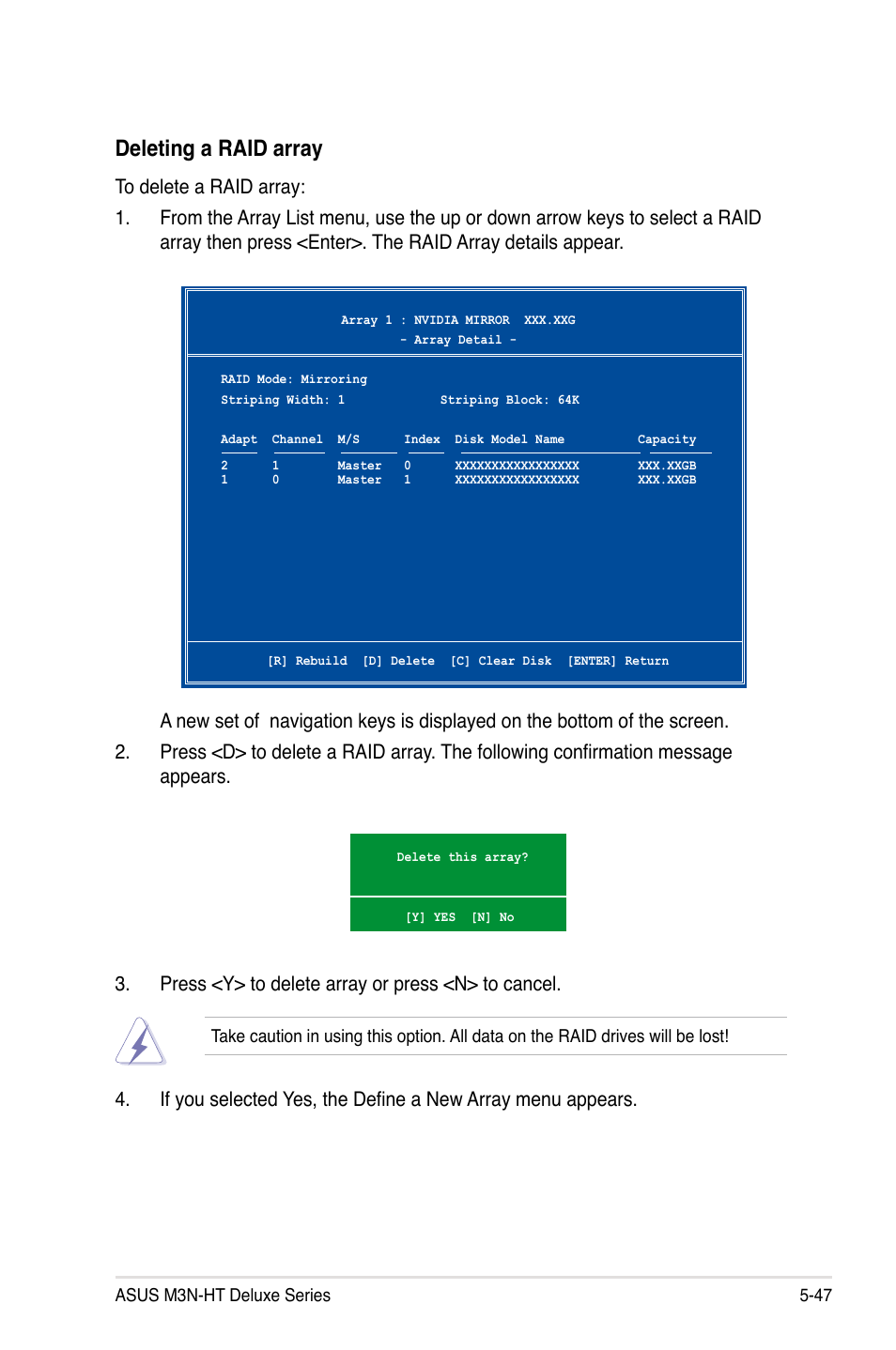 Deleting a raid array | Asus M3N-HT Deluxe/Mempipe User Manual | Page 165 / 178