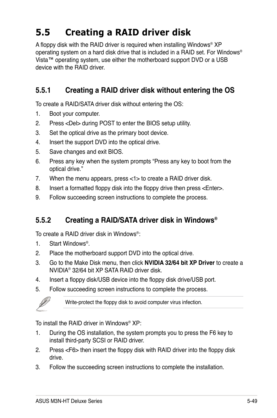 5 creating a raid driver disk, 2 creating a raid/sata driver disk in windows | Asus M3N-HT Deluxe/Mempipe User Manual | Page 167 / 178