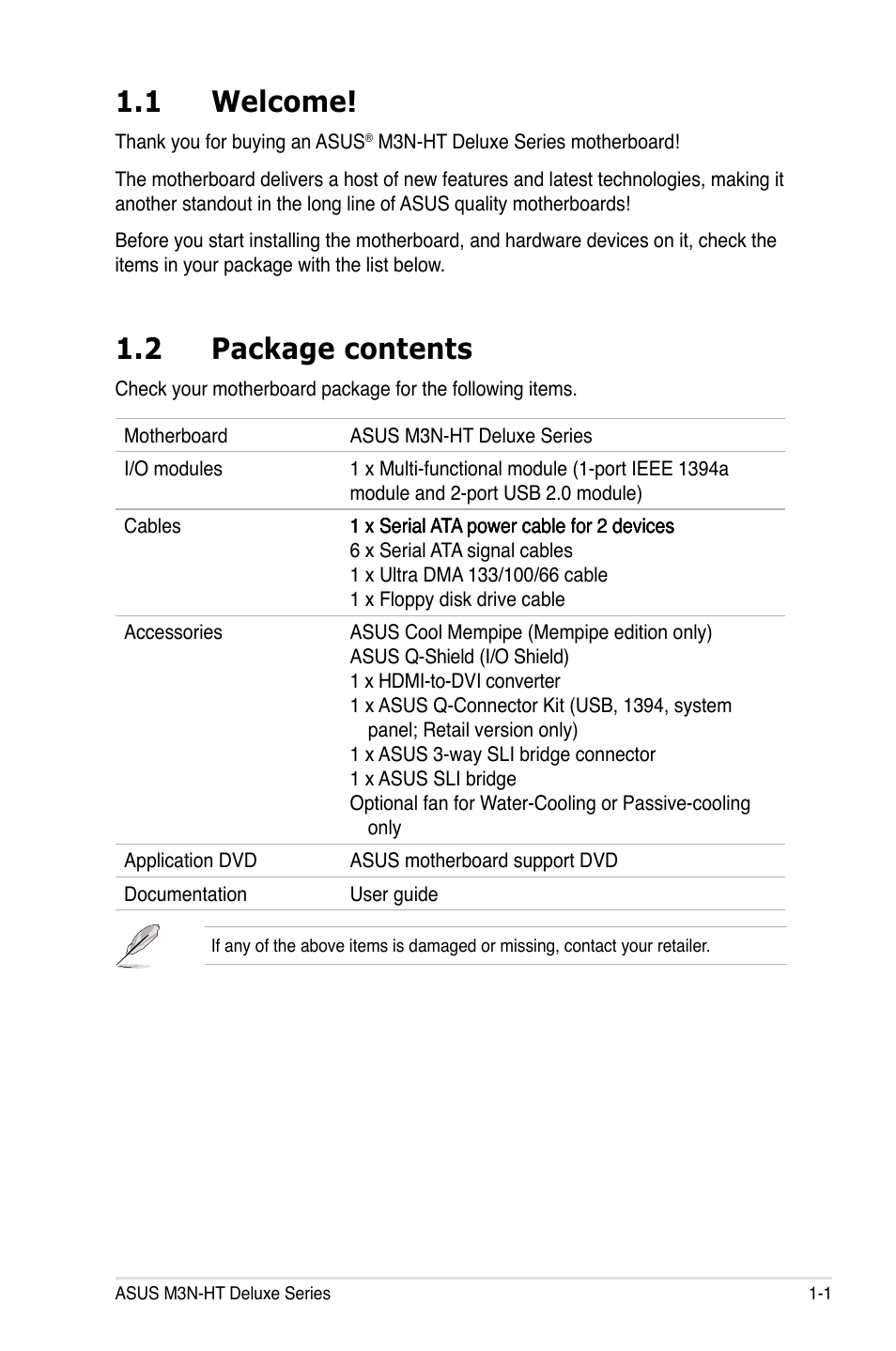 1 welcome, 2 package contents | Asus M3N-HT Deluxe/Mempipe User Manual | Page 17 / 178