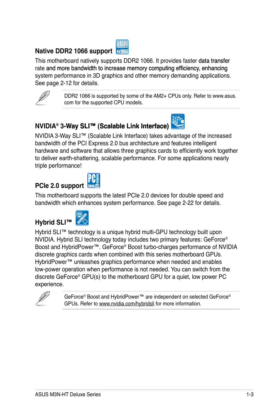 Nvidia, Pcie 2.0 support, Hybrid sli | Asus M3N-HT Deluxe/Mempipe User Manual | Page 19 / 178