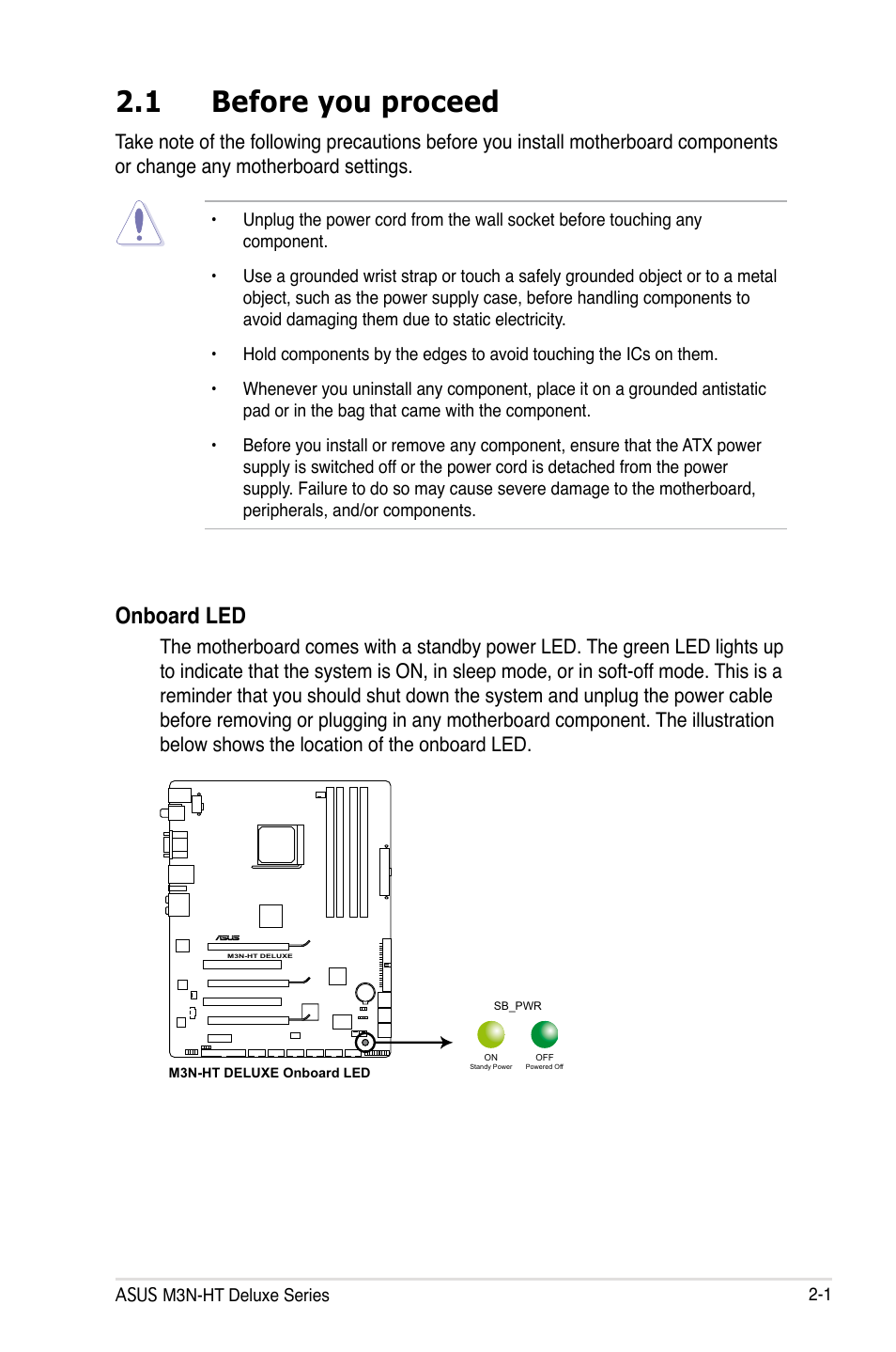 1 before you proceed, Onboard led | Asus M3N-HT Deluxe/Mempipe User Manual | Page 27 / 178