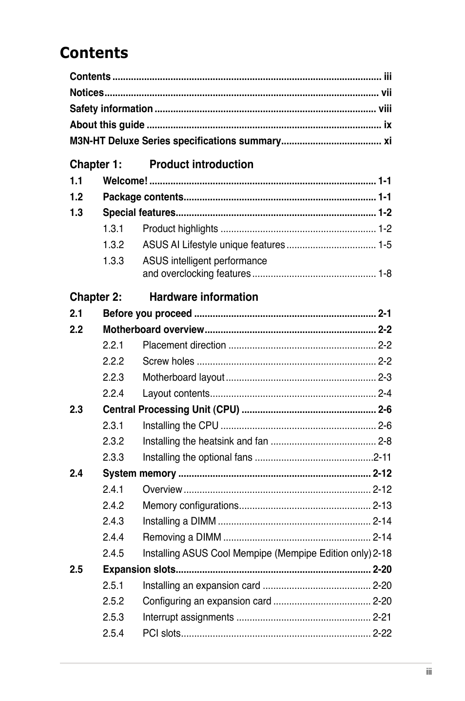 Asus M3N-HT Deluxe/Mempipe User Manual | Page 3 / 178