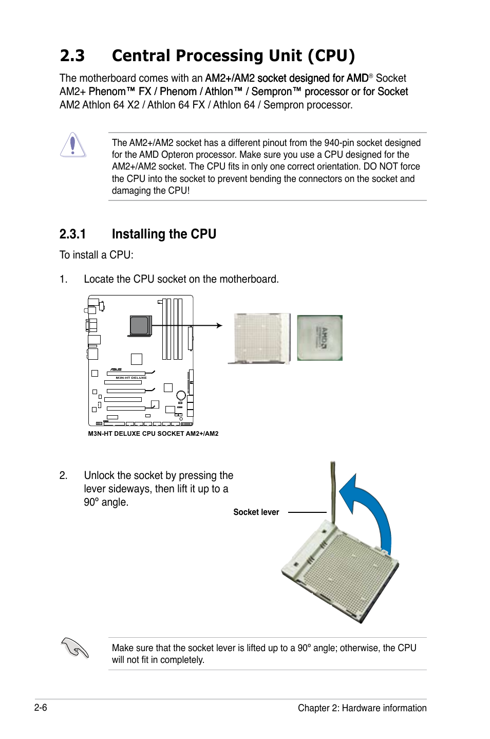 3 central processing unit (cpu), 1 installing the cpu | Asus M3N-HT Deluxe/Mempipe User Manual | Page 32 / 178