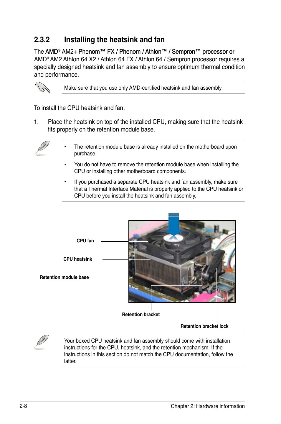 2 installing the heatsink and fan | Asus M3N-HT Deluxe/Mempipe User Manual | Page 34 / 178