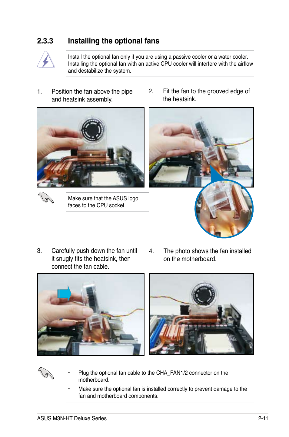 3 installing the optional fans | Asus M3N-HT Deluxe/Mempipe User Manual | Page 37 / 178