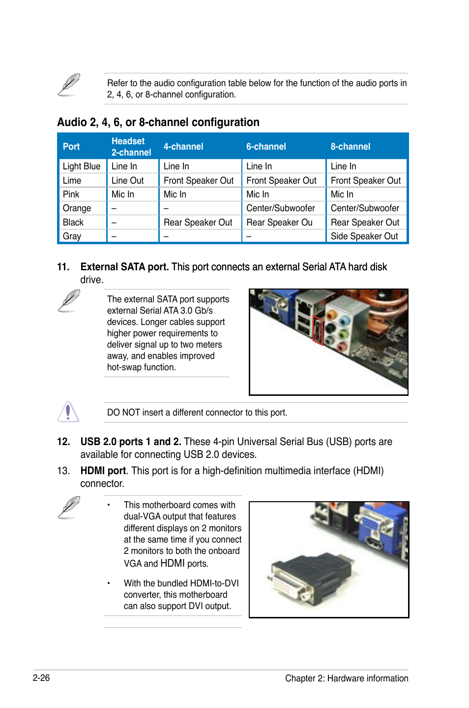 Audio 2, 4, 6, or 8-channel configuration | Asus M3N-HT Deluxe/Mempipe User Manual | Page 52 / 178