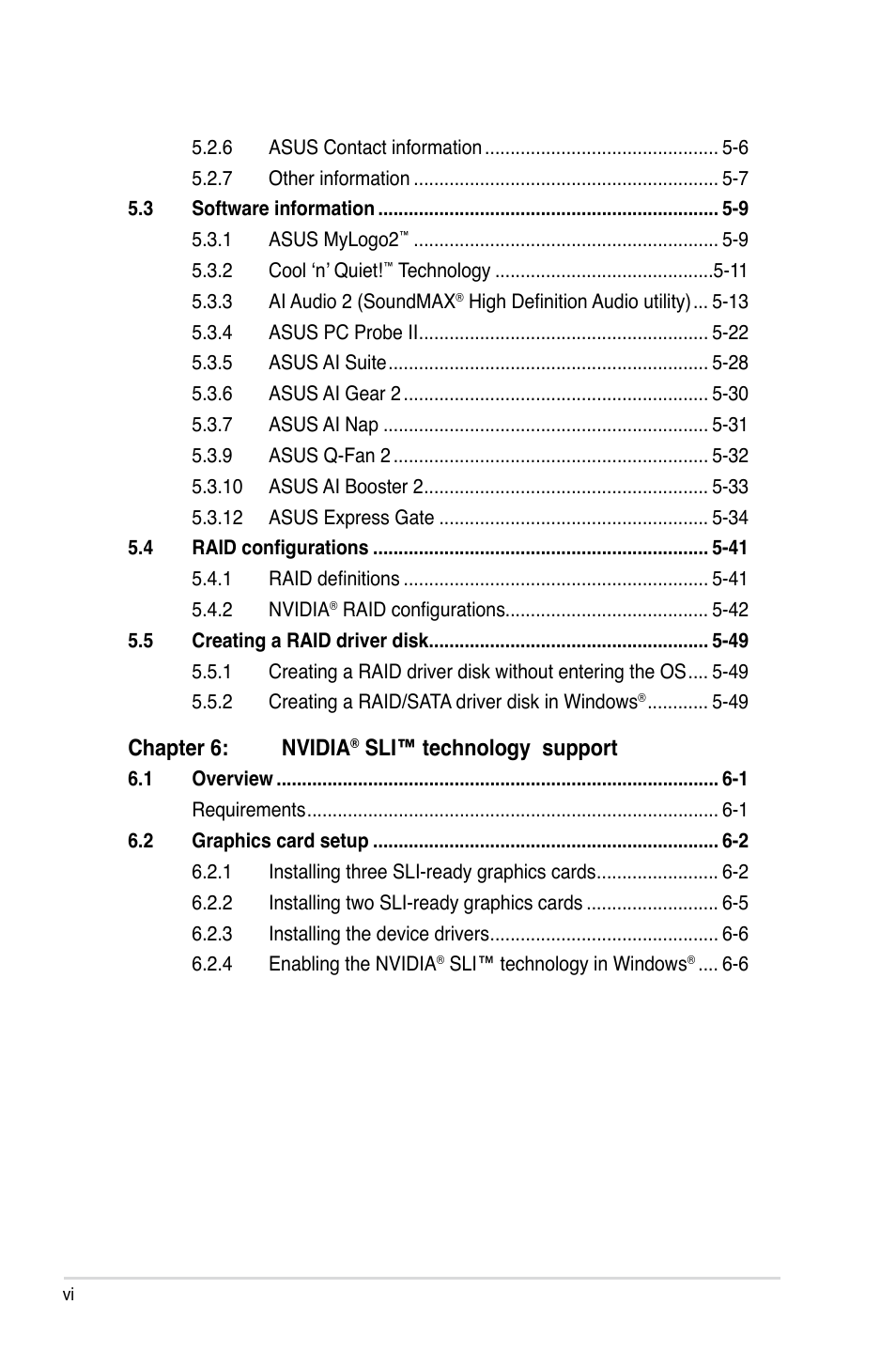 Chapter 6: nvidia, Sli™ technology support | Asus M3N-HT Deluxe/Mempipe User Manual | Page 6 / 178
