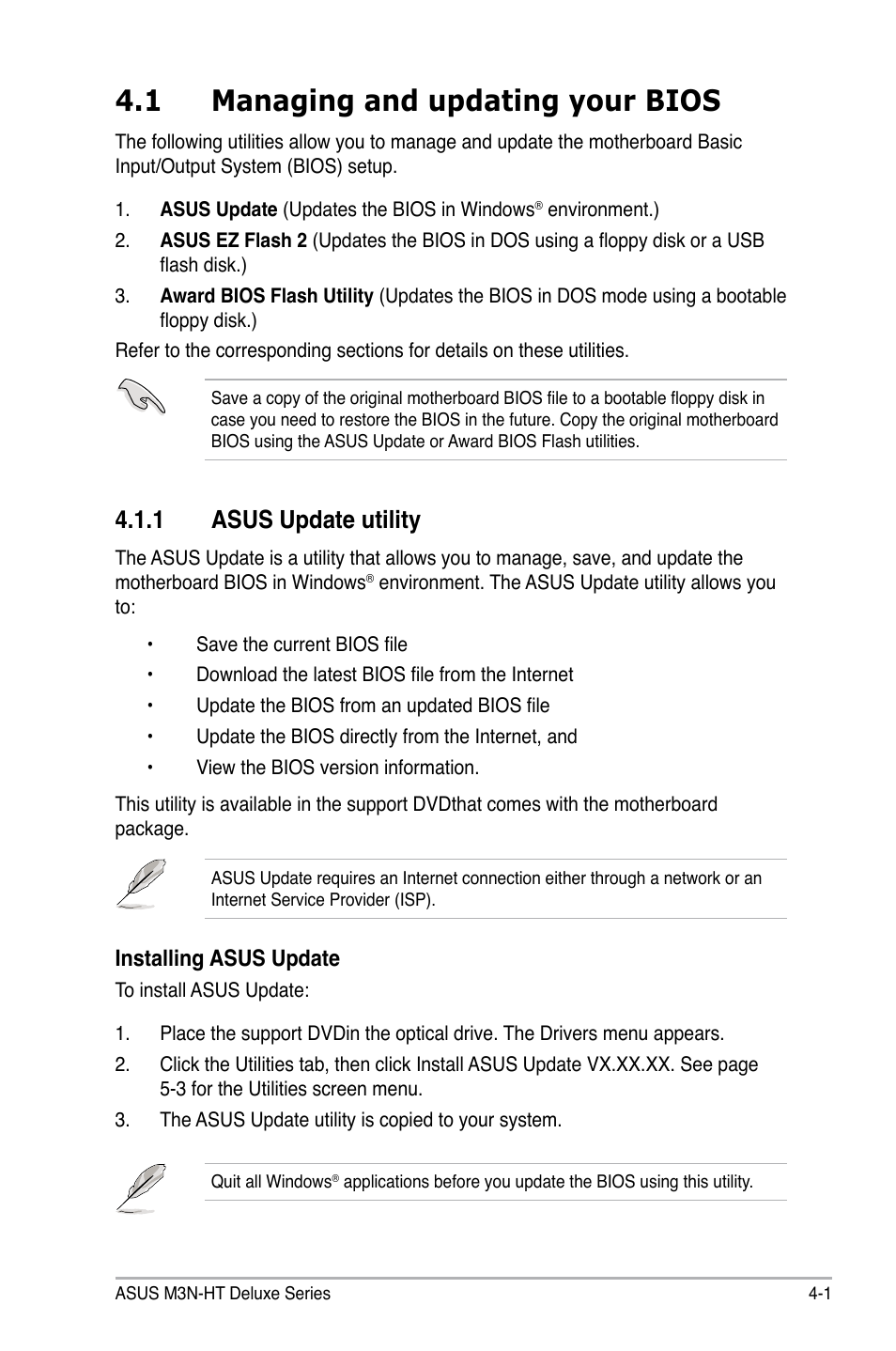 1 managing and updating your bios, 1 asus update utility | Asus M3N-HT Deluxe/Mempipe User Manual | Page 73 / 178