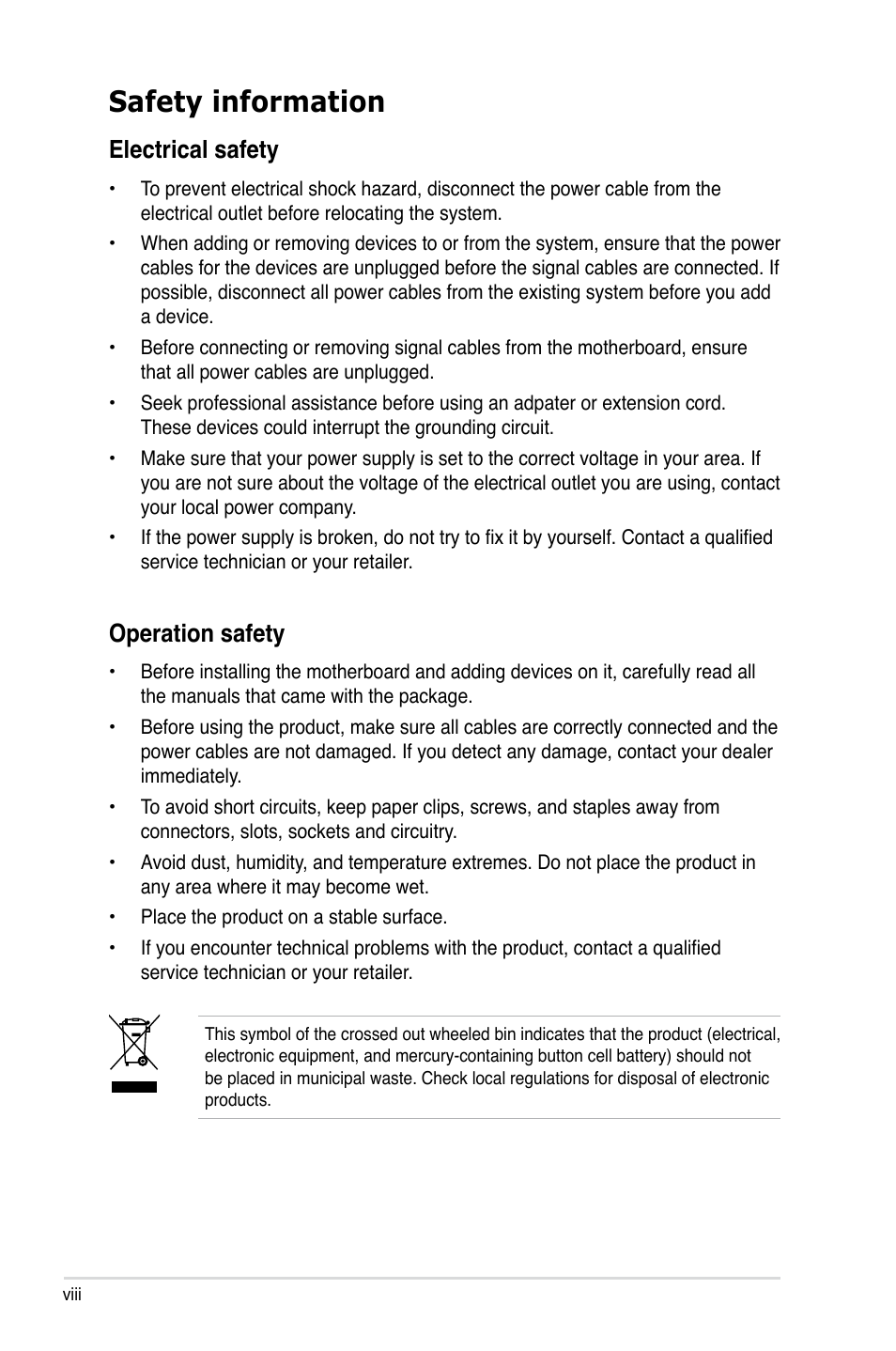 Safety information, Electrical safety, Operation safety | Asus M3N-HT Deluxe/Mempipe User Manual | Page 8 / 178