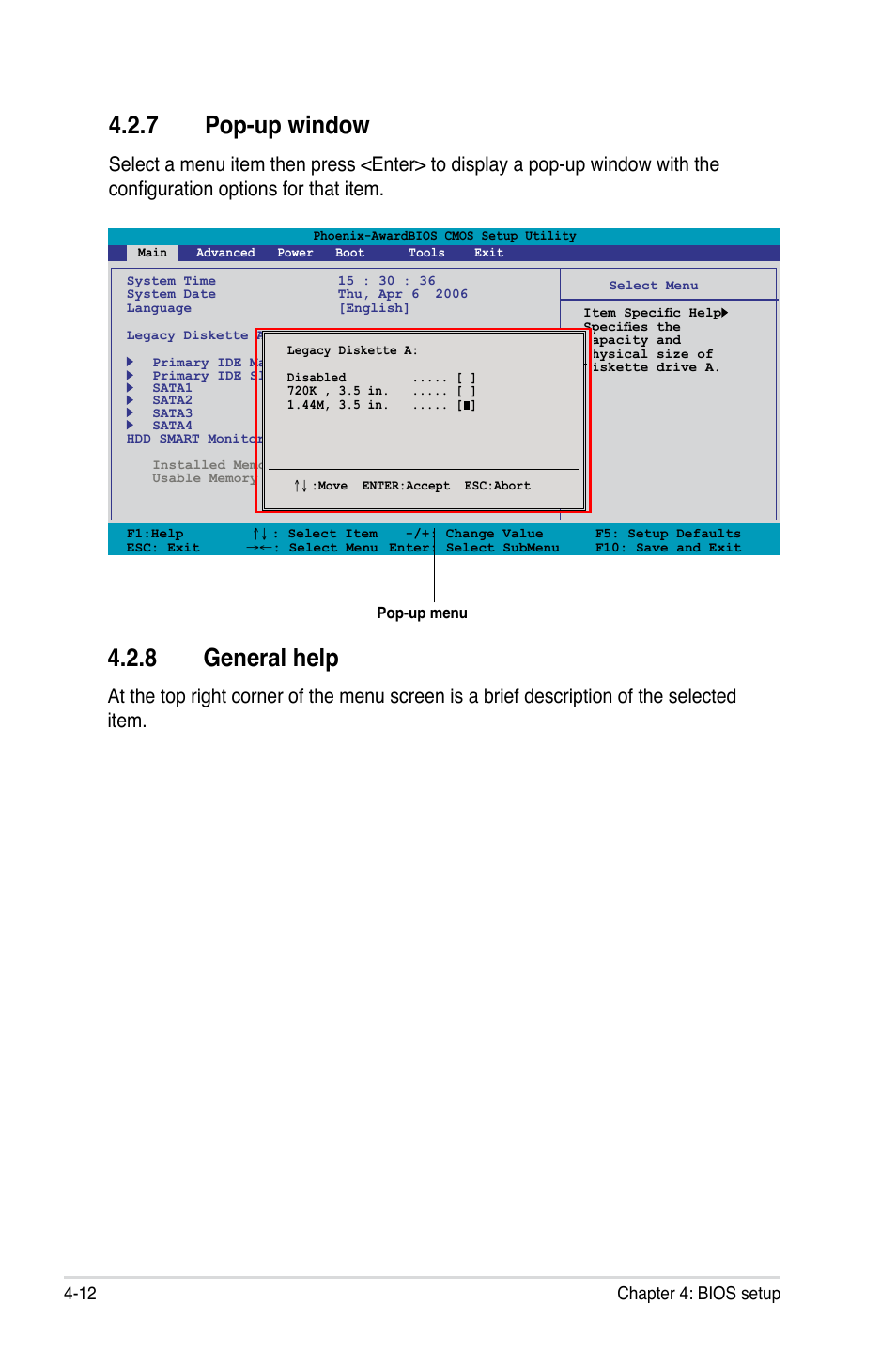 7 pop-up window, 8 general help, 12 chapter 4: bios setup | Asus M3N-HT Deluxe/Mempipe User Manual | Page 84 / 178