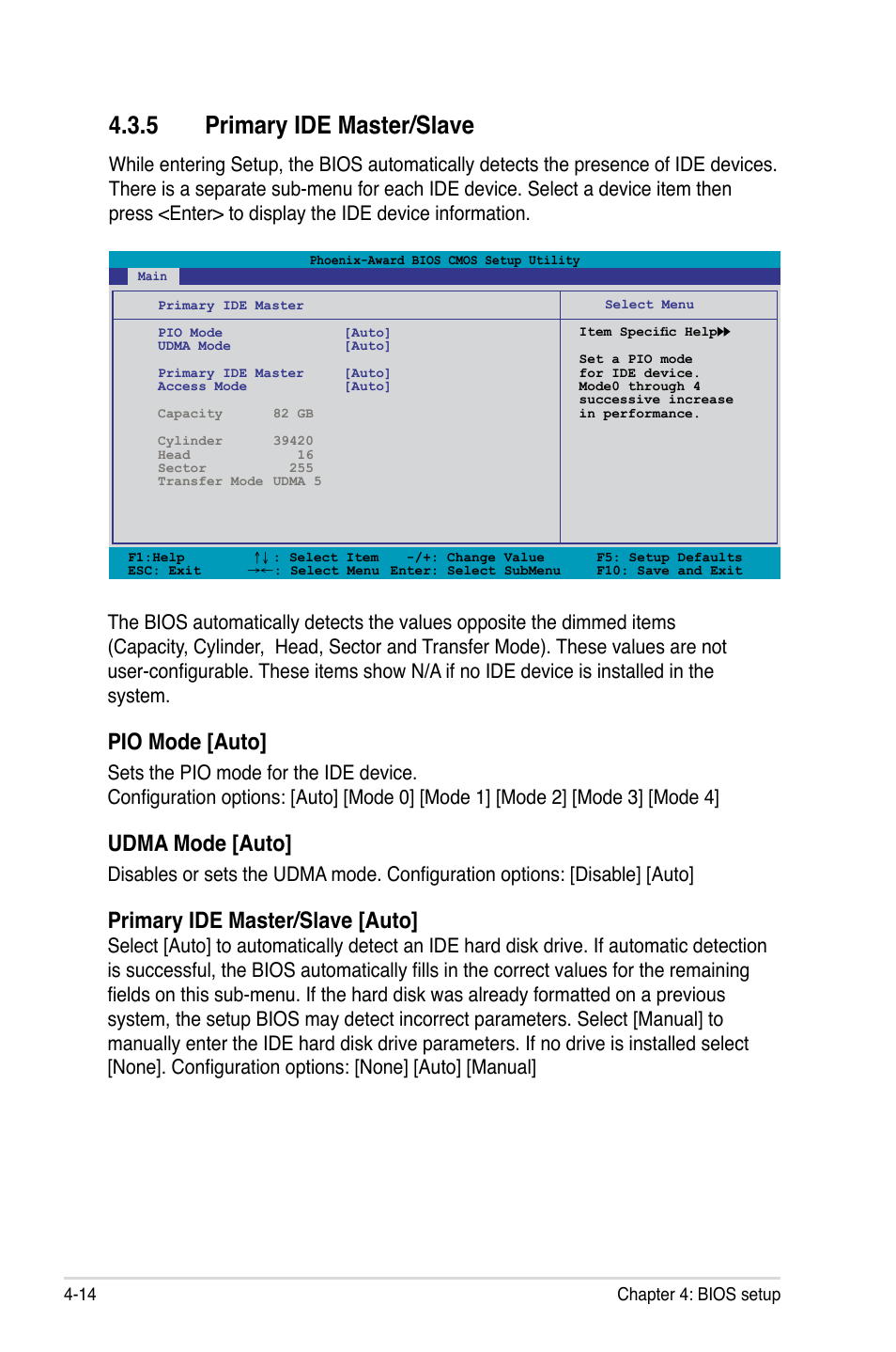 5 primary ide master/slave, Pio mode [auto, Udma mode [auto | Primary ide master/slave [auto | Asus M3N-HT Deluxe/Mempipe User Manual | Page 86 / 178