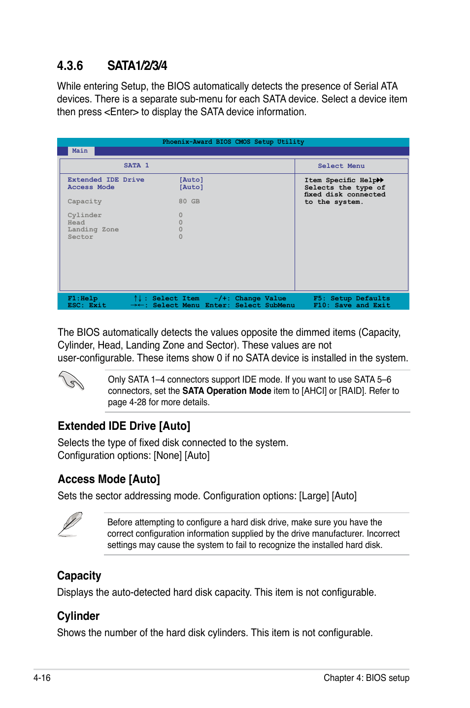 Extended ide drive [auto, Access mode [auto, Capacity | Cylinder | Asus M3N-HT Deluxe/Mempipe User Manual | Page 88 / 178