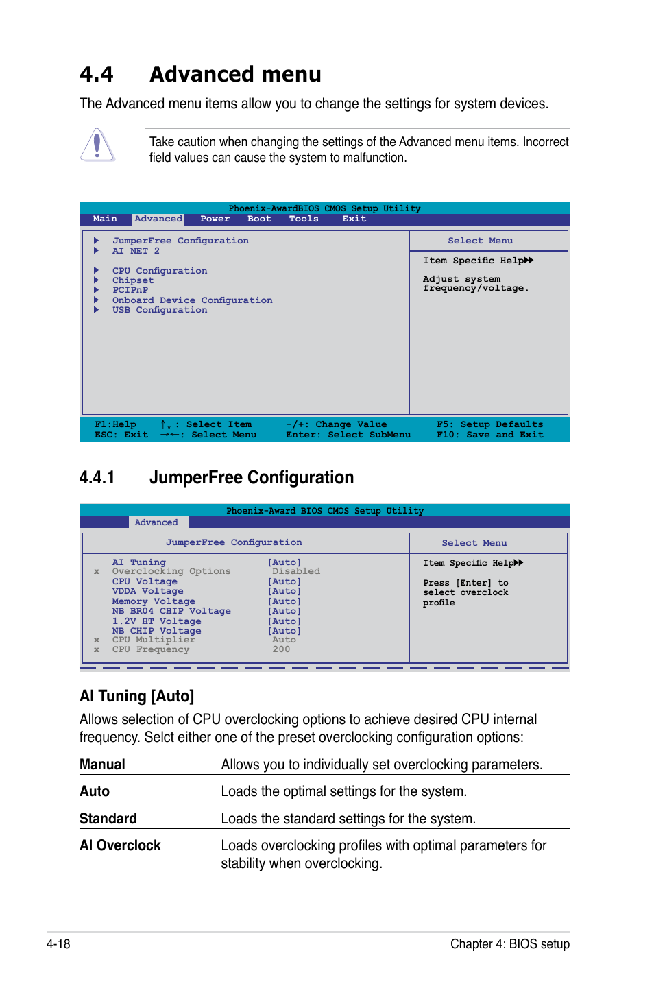 4 advanced menu, 1 jumperfree configuration, Ai tuning [auto | Asus M3N-HT Deluxe/Mempipe User Manual | Page 90 / 178