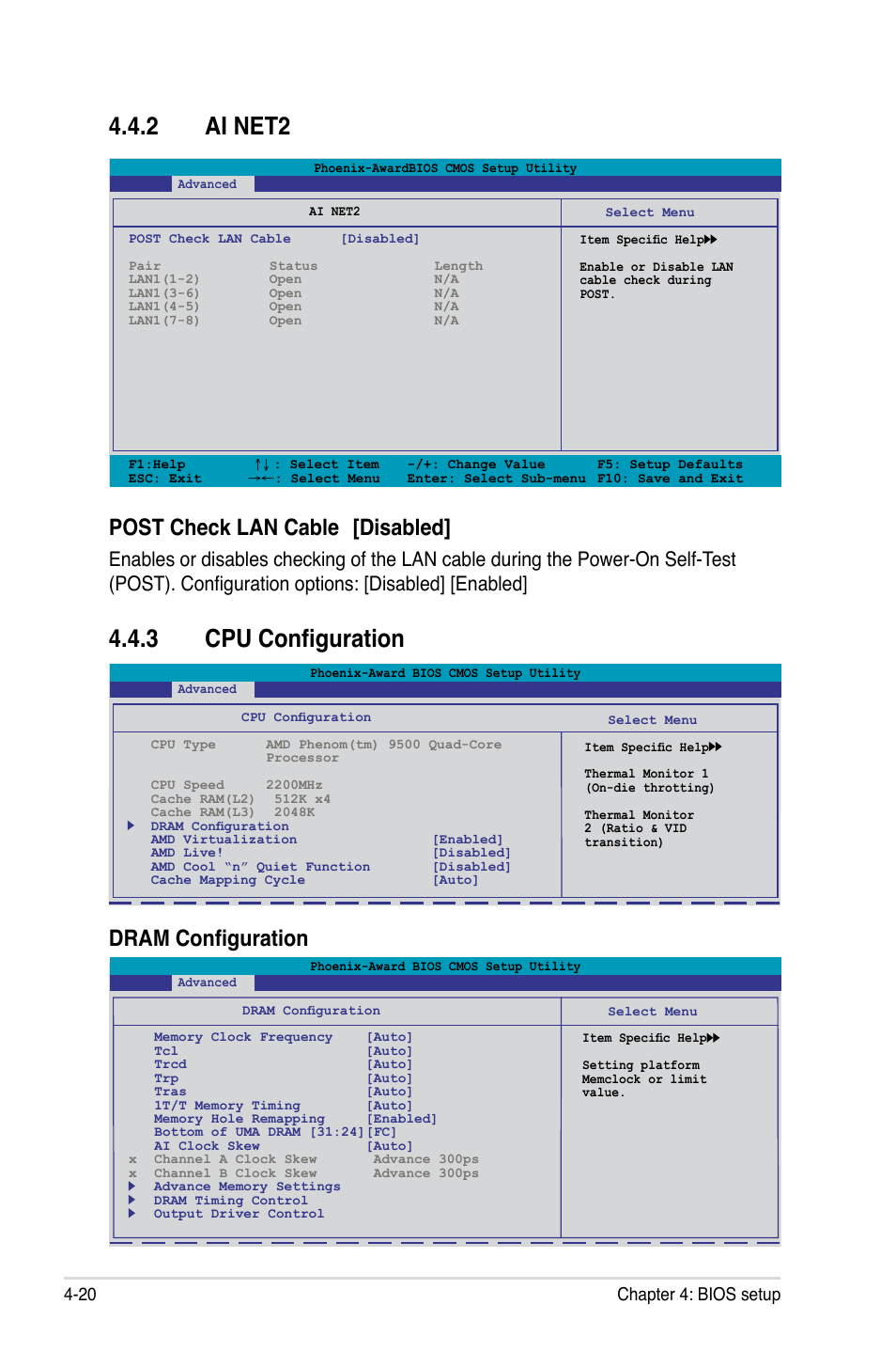 2 ai net2, 3 cpu configuration, Post check lan cable [disabled | Dram configuration, 20 chapter 4: bios setup | Asus M3N-HT Deluxe/Mempipe User Manual | Page 92 / 178