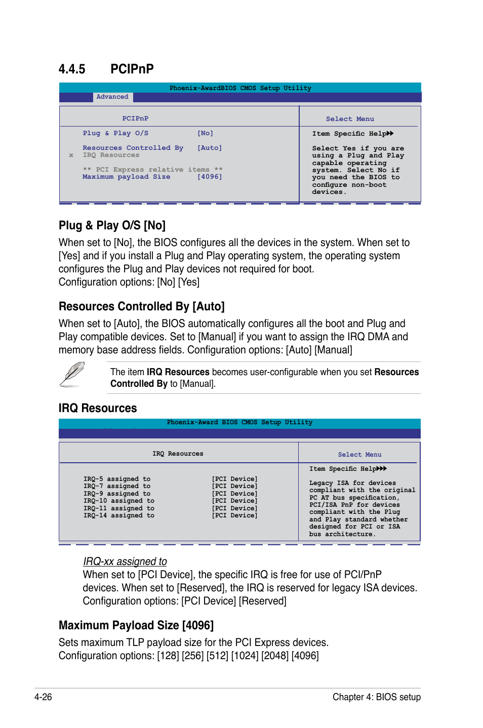 5 pcipnp, Plug & play o/s [no, Resources controlled by [auto | Irq resources, Maximum payload size [4096 | Asus M3N-HT Deluxe/Mempipe User Manual | Page 98 / 178