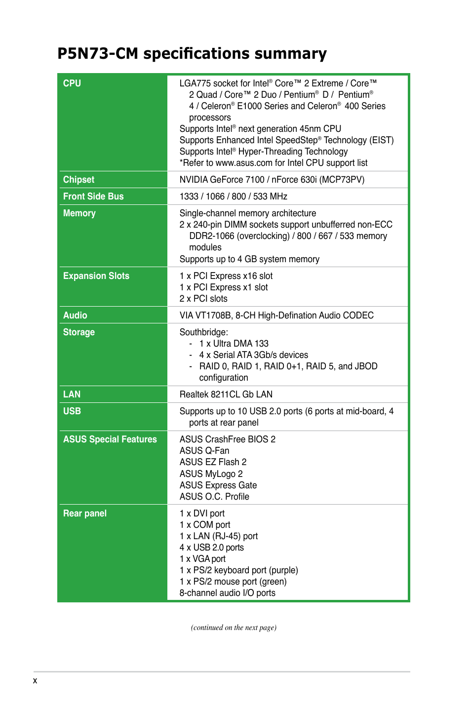 P5n73-cm specifications summary | Asus P5N73-CM User Manual | Page 10 / 108