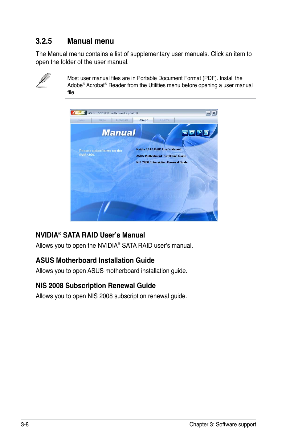 5 manual menu, Nvidia, Sata raid user’s manual | Asus motherboard installation guide, Nis 2008 subscription renewal guide | Asus P5N73-CM User Manual | Page 100 / 108