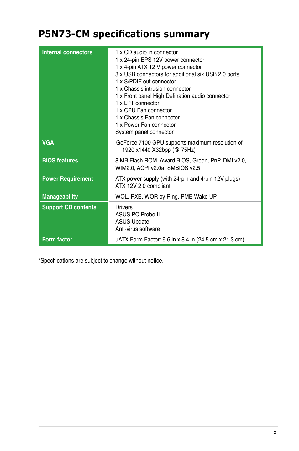 P5n73-cm specifications summary | Asus P5N73-CM User Manual | Page 11 / 108