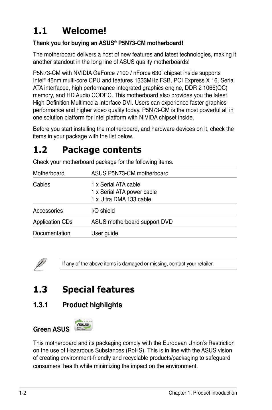 1 welcome, 2 package contents, 3 special features | 1 product highlights | Asus P5N73-CM User Manual | Page 14 / 108