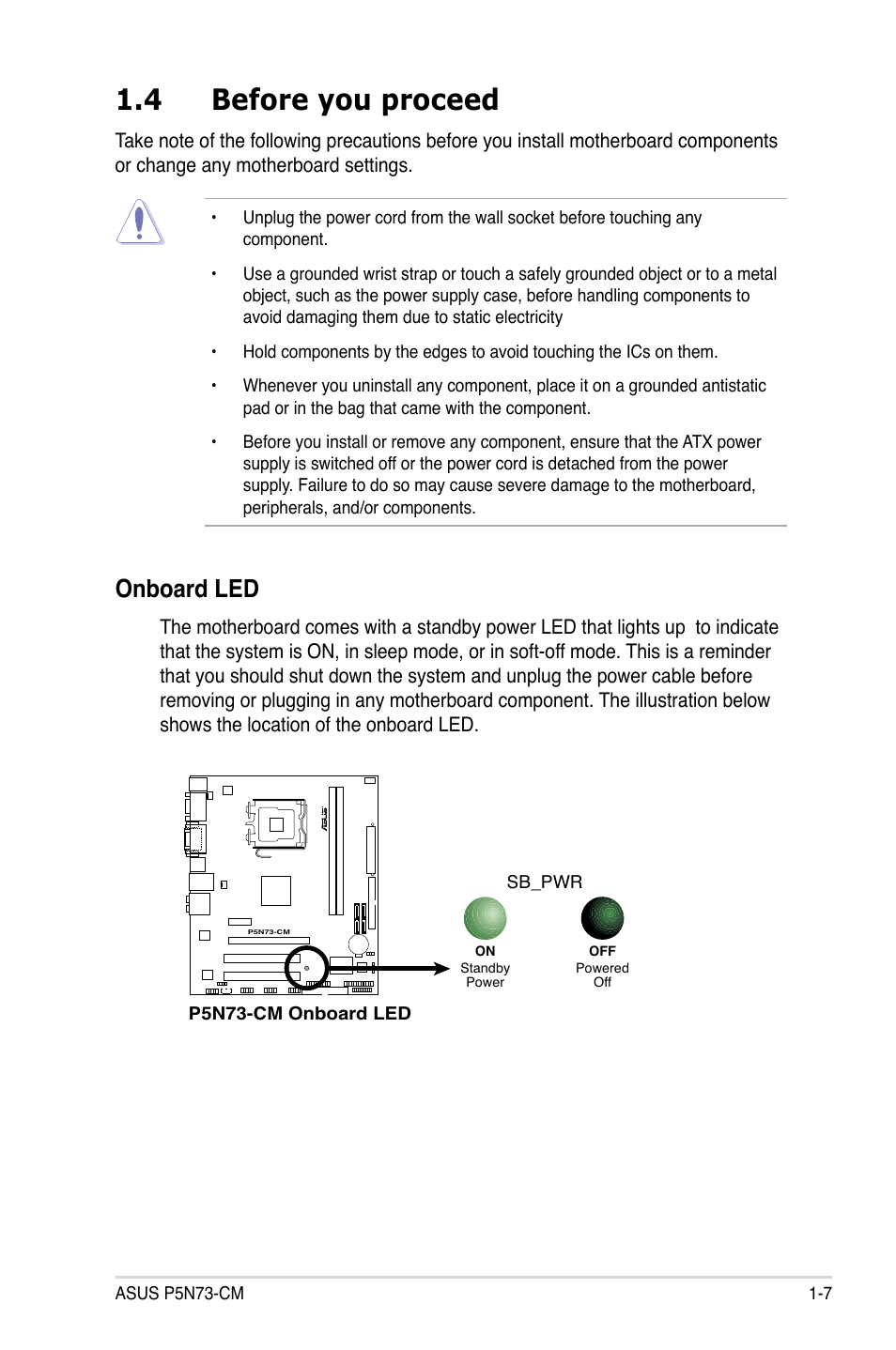 4 before you proceed, Onboard led | Asus P5N73-CM User Manual | Page 19 / 108