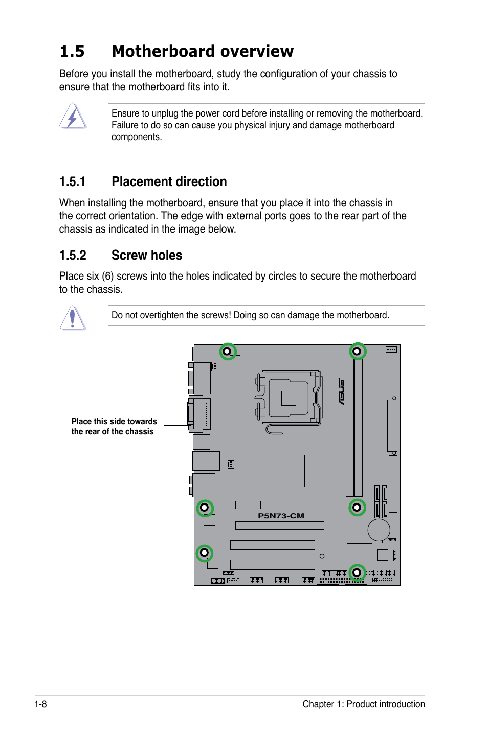 5 motherboard overview, 1 placement direction, 2 screw holes | Asus P5N73-CM User Manual | Page 20 / 108