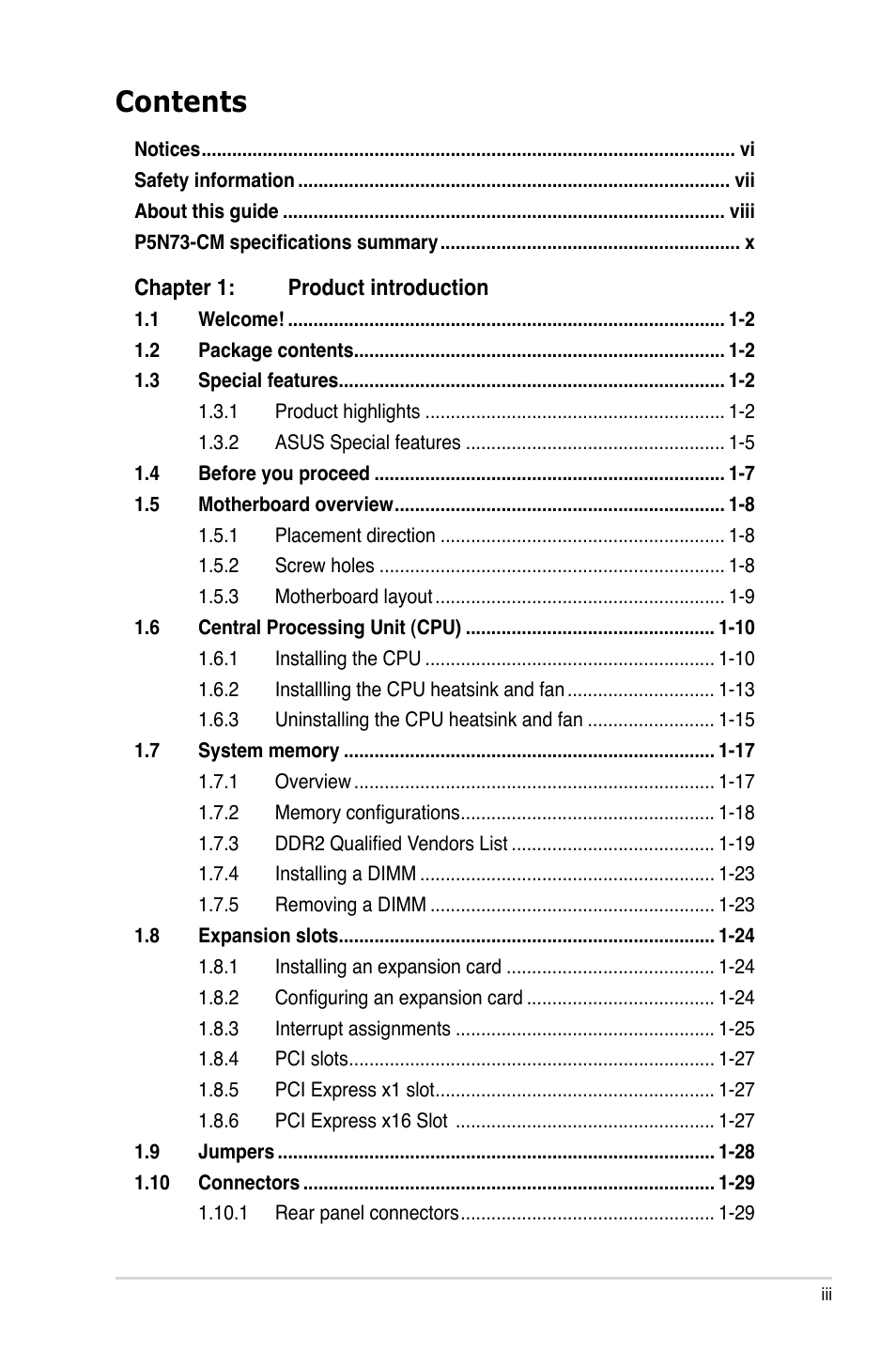 Asus P5N73-CM User Manual | Page 3 / 108