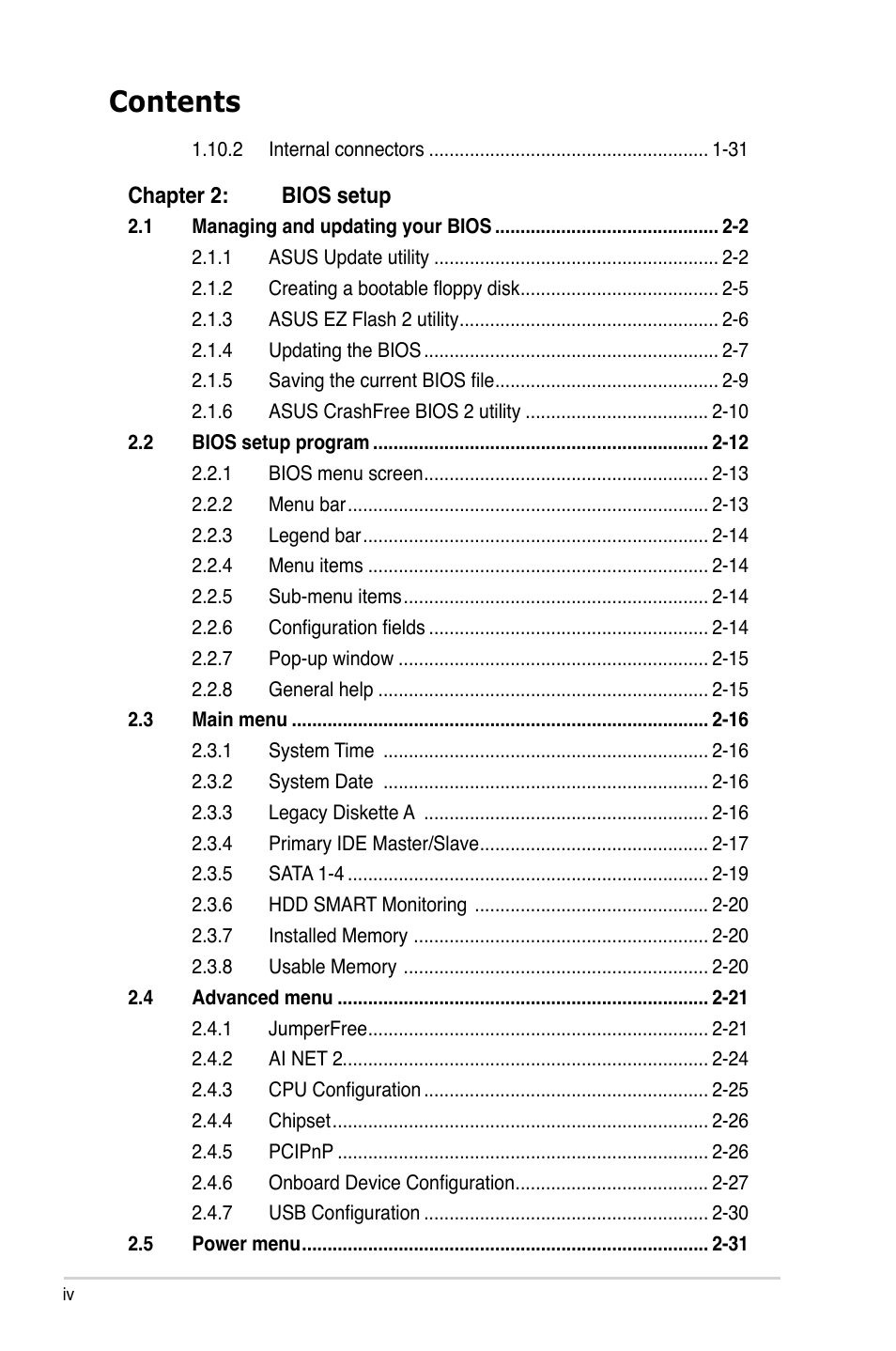 Asus P5N73-CM User Manual | Page 4 / 108