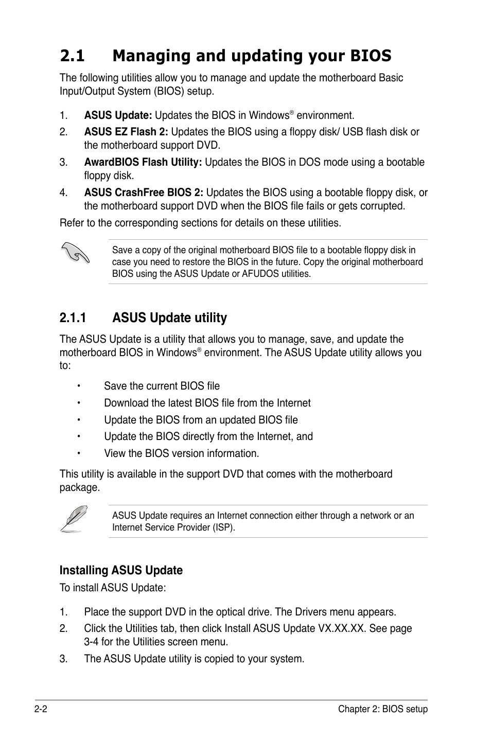 1 managing and updating your bios, 1 asus update utility | Asus P5N73-CM User Manual | Page 52 / 108