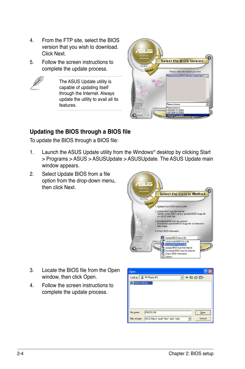 Updating the bios through a bios file | Asus P5N73-CM User Manual | Page 54 / 108