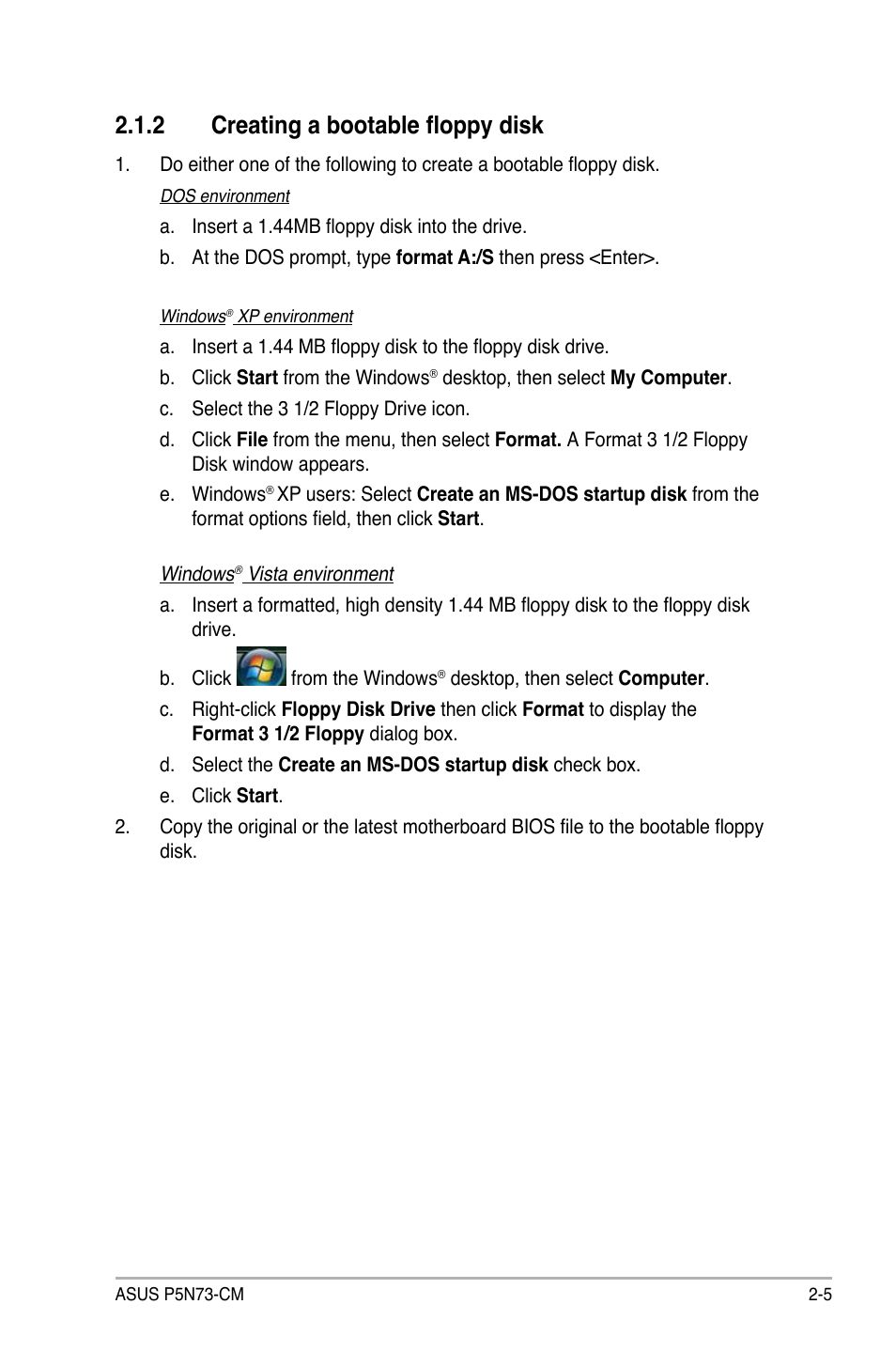 2 creating a bootable floppy disk | Asus P5N73-CM User Manual | Page 55 / 108